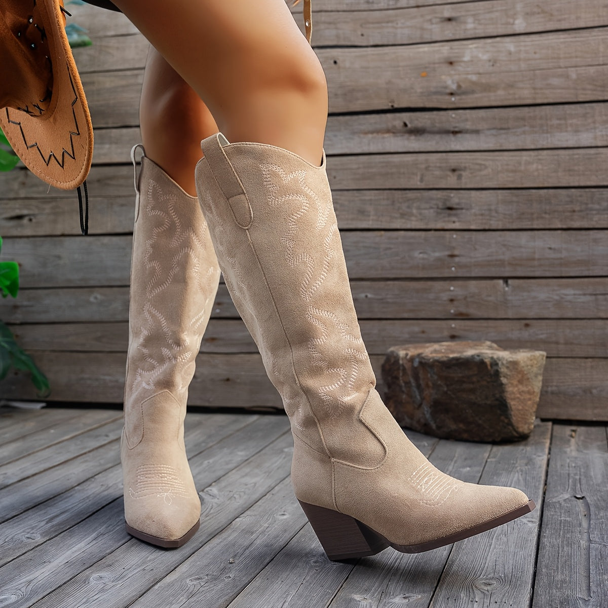 Women's Floral Western Boots Slip-On Pointed Toe All-Season Casual