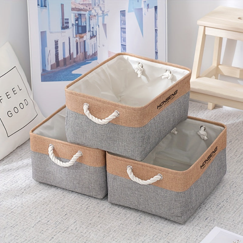 Set of 3 Large Linen Storage Baskets for Clothing, Toys, and Books