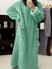 Women's Fleece-Lined Jacquard Winter Robe Long Sleeve Color-Block Loungewear