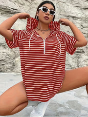 Women's Red and White Striped Hooded T-Shirt with Zipper Drawstring and Kangaroo Pocket
