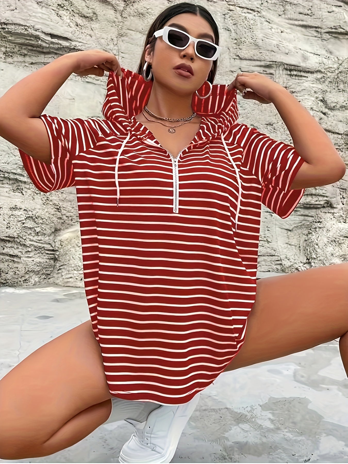 Women's Red and White Striped Hooded T-Shirt with Zipper Drawstring and Kangaroo Pocket