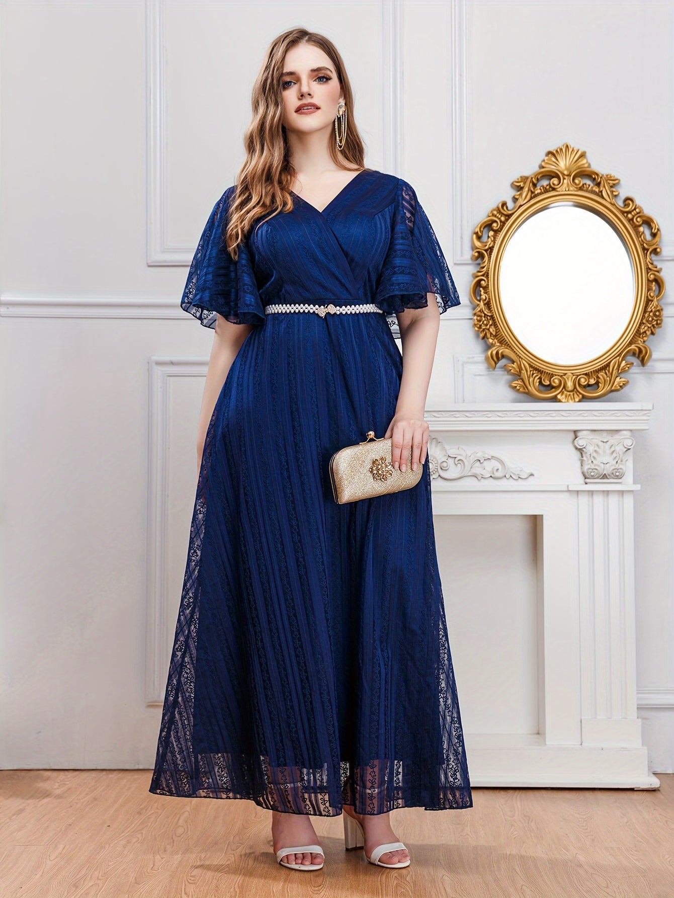 Plus Size Women's Polyester Evening Gown V-Neck Ruffles Pearl Belt