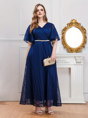 Plus Size Women's Polyester Evening Gown V-Neck Ruffles Pearl Belt