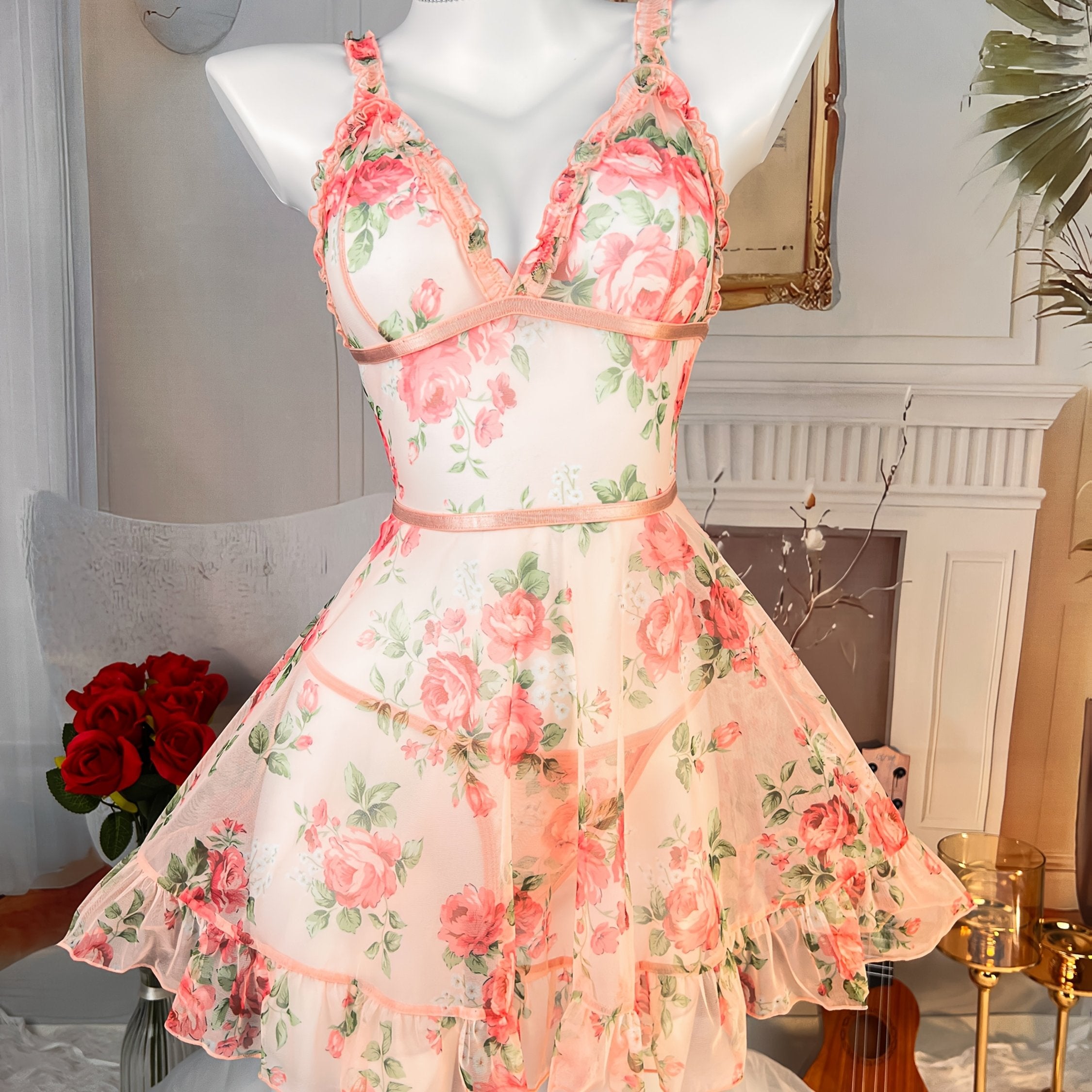 Conjunto de lencería con estampado floral, con camisón y tanga, tejido de poliéster y spandex, estilo maduro