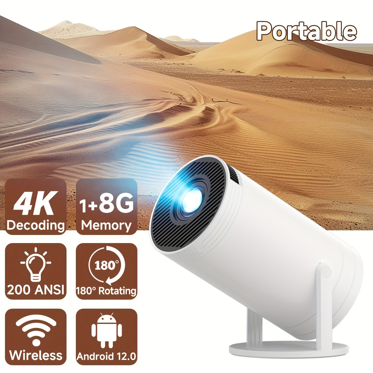 Ultra HD Projector with WiFi Casting 180° Rotation Android TV Portable Home Theater