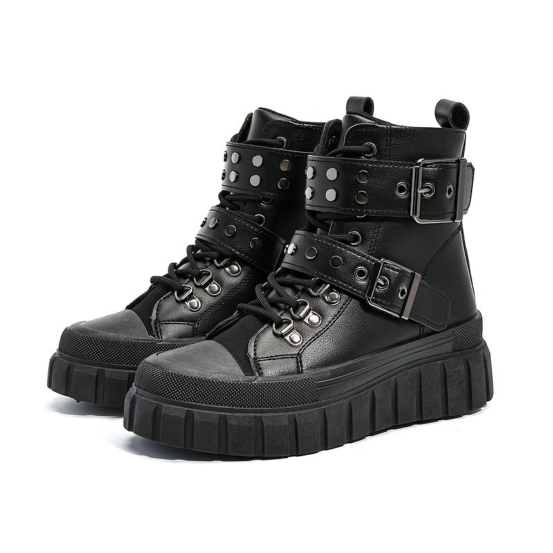 Women's Black Leather Motorcycle Boots with Metal Buckles and Platform Sole
