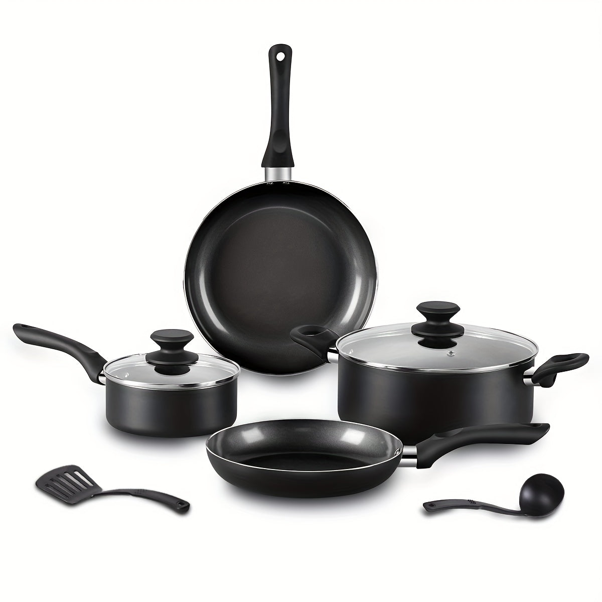 Juego de 8 utensilios de cocina de aluminio negro con olla de stock, cazo para leche y sartenes