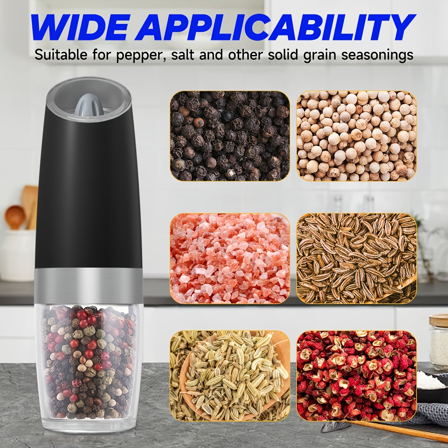 Electric Pepper and Salt Grinder Set with Adjustable Coarseness Battery Operated Stainless Steel with LED Light