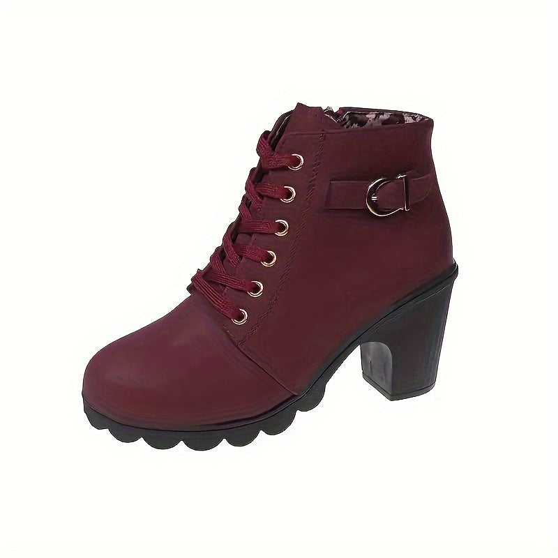 Women's Solid Color Chunky Heel Ankle Boots Lace-Up Short Boots