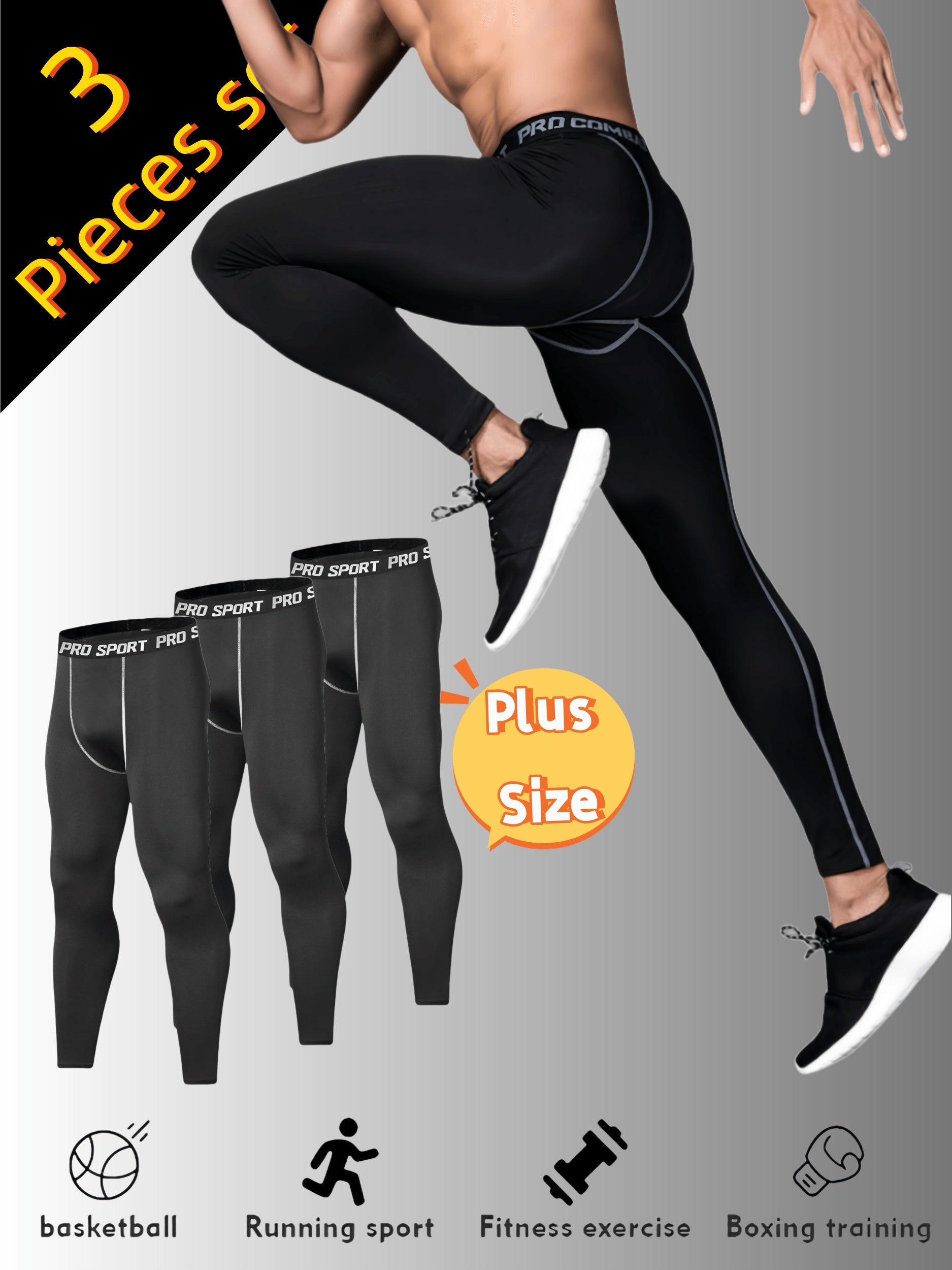 Plus Size Men's Compression Leggings Set High Elasticity Breathable Sports Tights for Running Basketball Gym Training