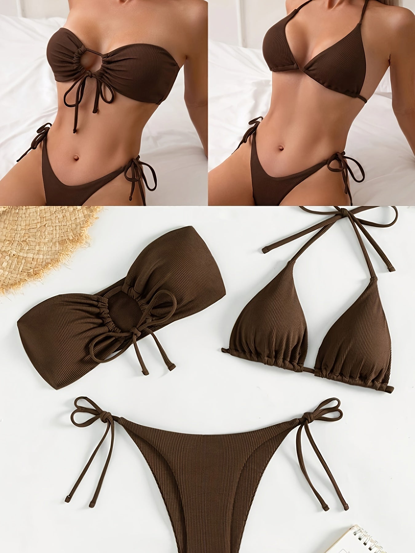 Off-Shoulder Bikini Set with Lace-Up Detail Medium Stretch Solid Color for Beach and Pool