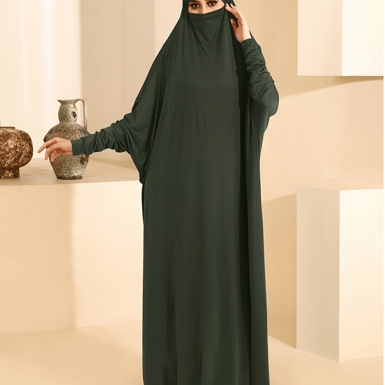 Plus Size Women Jersey Ramadan Abaya Batwing Sleeve Solid Color Islamic Dress