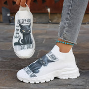 Women’s Cat Pattern Slip-On Sneakers Breathable Fabric Low Top Casual Shoes