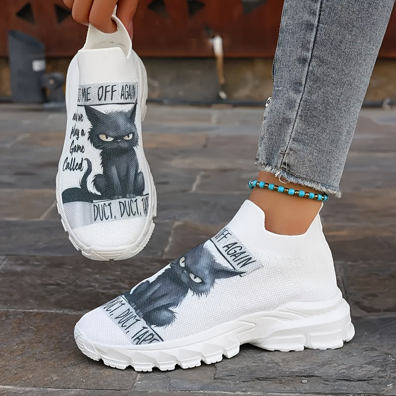 Women’s Cat Pattern Slip-On Sneakers Breathable Fabric Low Top Casual Shoes