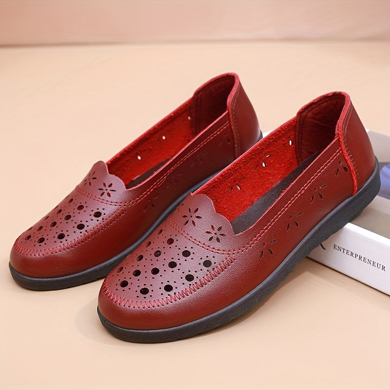 Women's Summer Slip-On Flat Sandals with Floral Cutouts Non-Slip PU