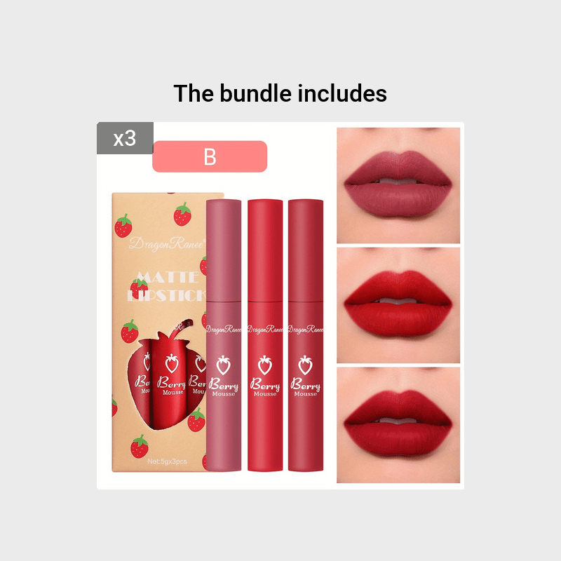 Set de 3 glosses de labios mate de terciopelo para mujer, colores fresa, no pegajoso