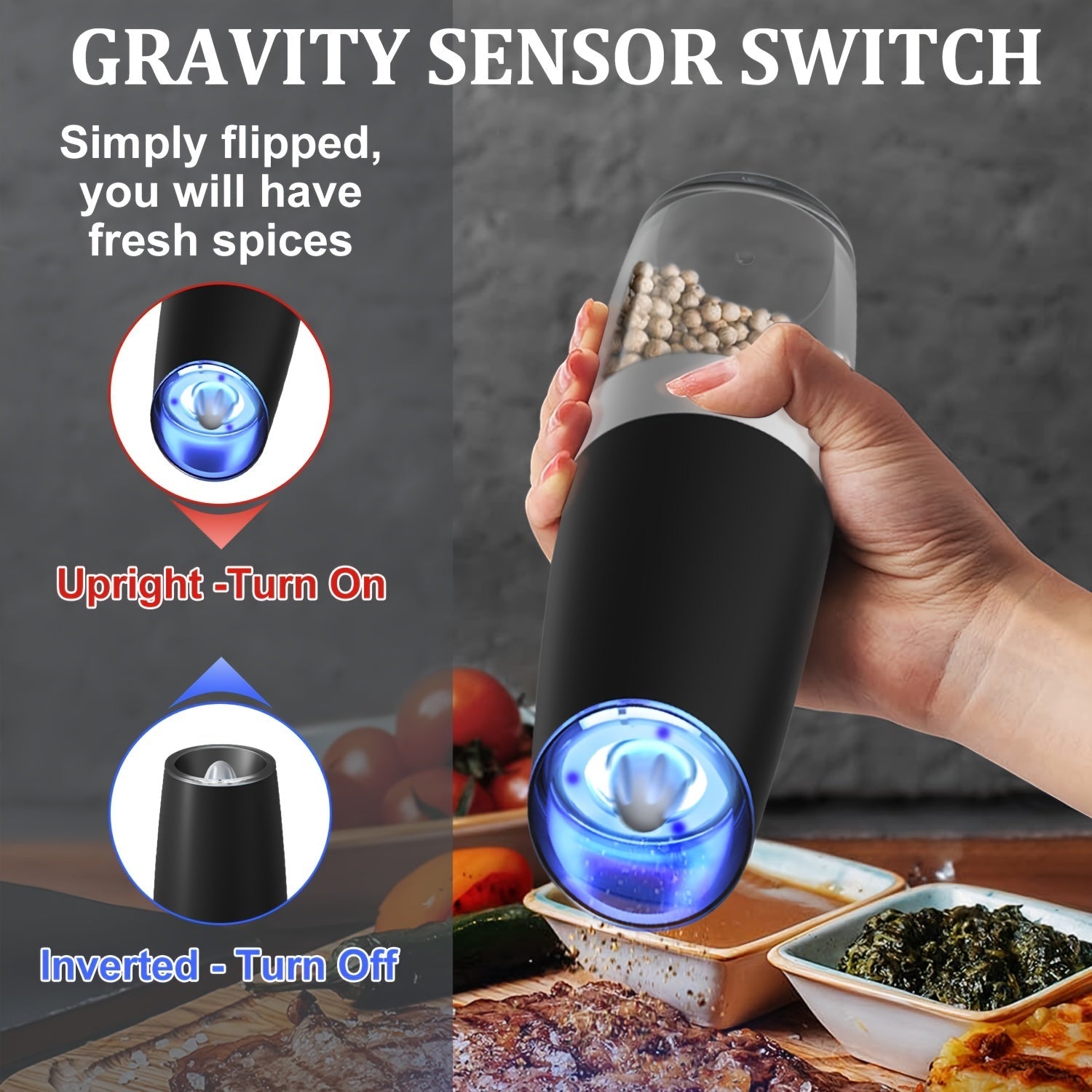 Elektr tuz va murch maydalagich to'plami, sozlanadigan qattiqlikda, batareya bilan ishlaydigan, LED chiroq, bitta qo'l bilan ishlatish, zanglamaydigan po'lat - bir nechta ranglarda mavjud.