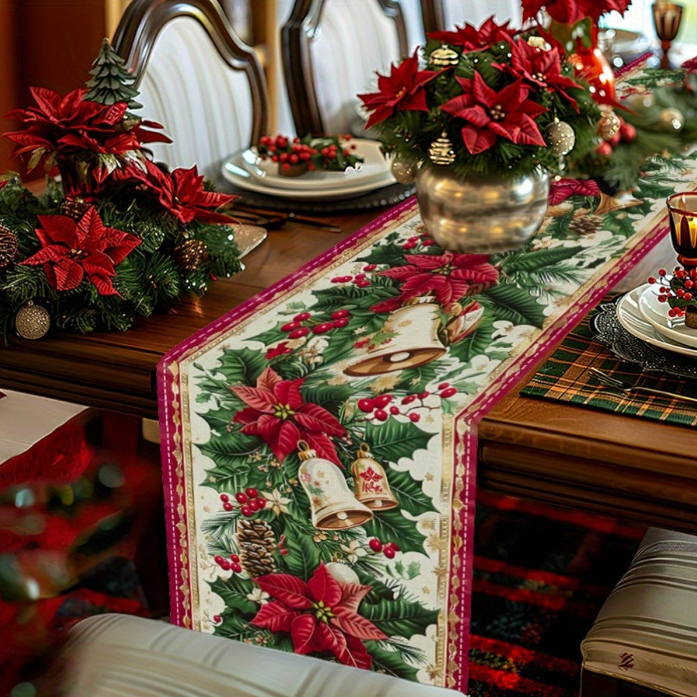 Polyester Woven Christmas Table Runner with Bells and Pine Branches for Festive Decor