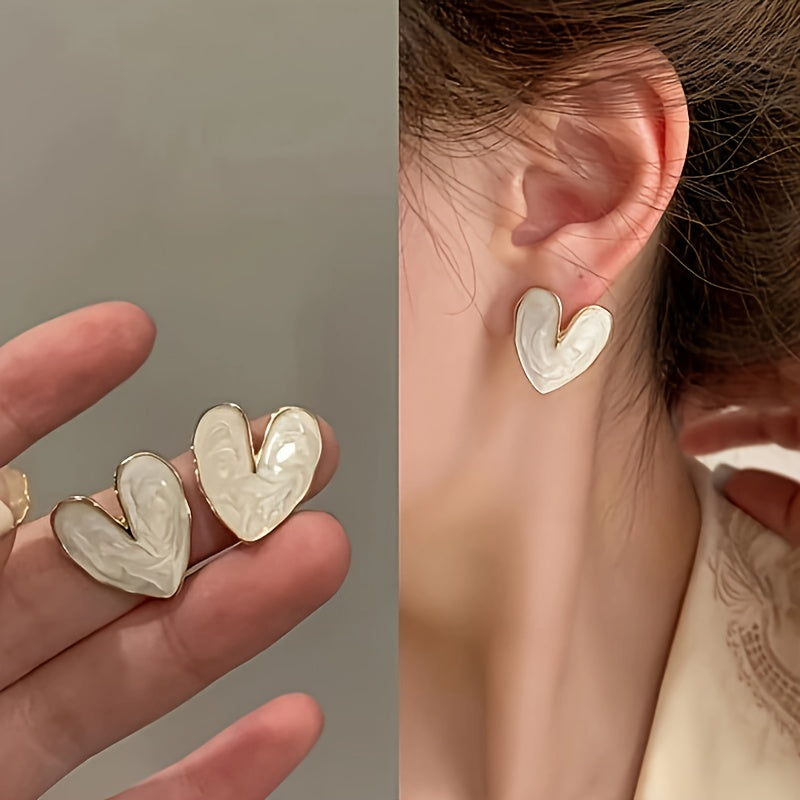 White Enamel Heart-Shaped Stud Earrings with Sterling Silver Post for Daily and Special Occasions