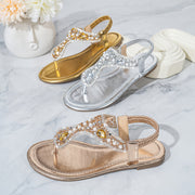 Women Bohemian Sandals with Rhinestones Slip-On Flat Shoes for Beach Casual