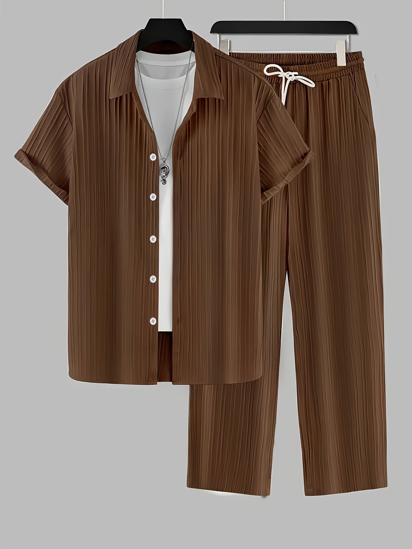 Men's Casual Set Polyester Striped Shirt with Buttons and Drawstring Pants