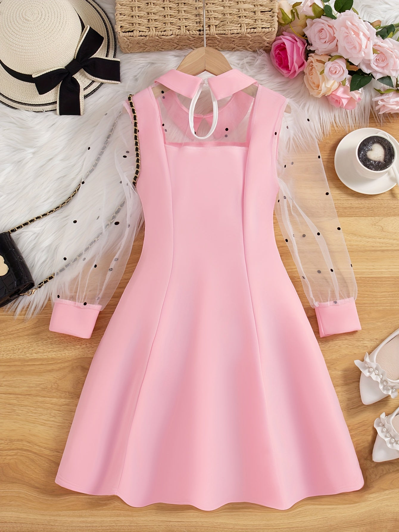 Girls Midi Dress with Mesh Overlay Long Sleeves Solid Color Summer Fashion Fake Buttons