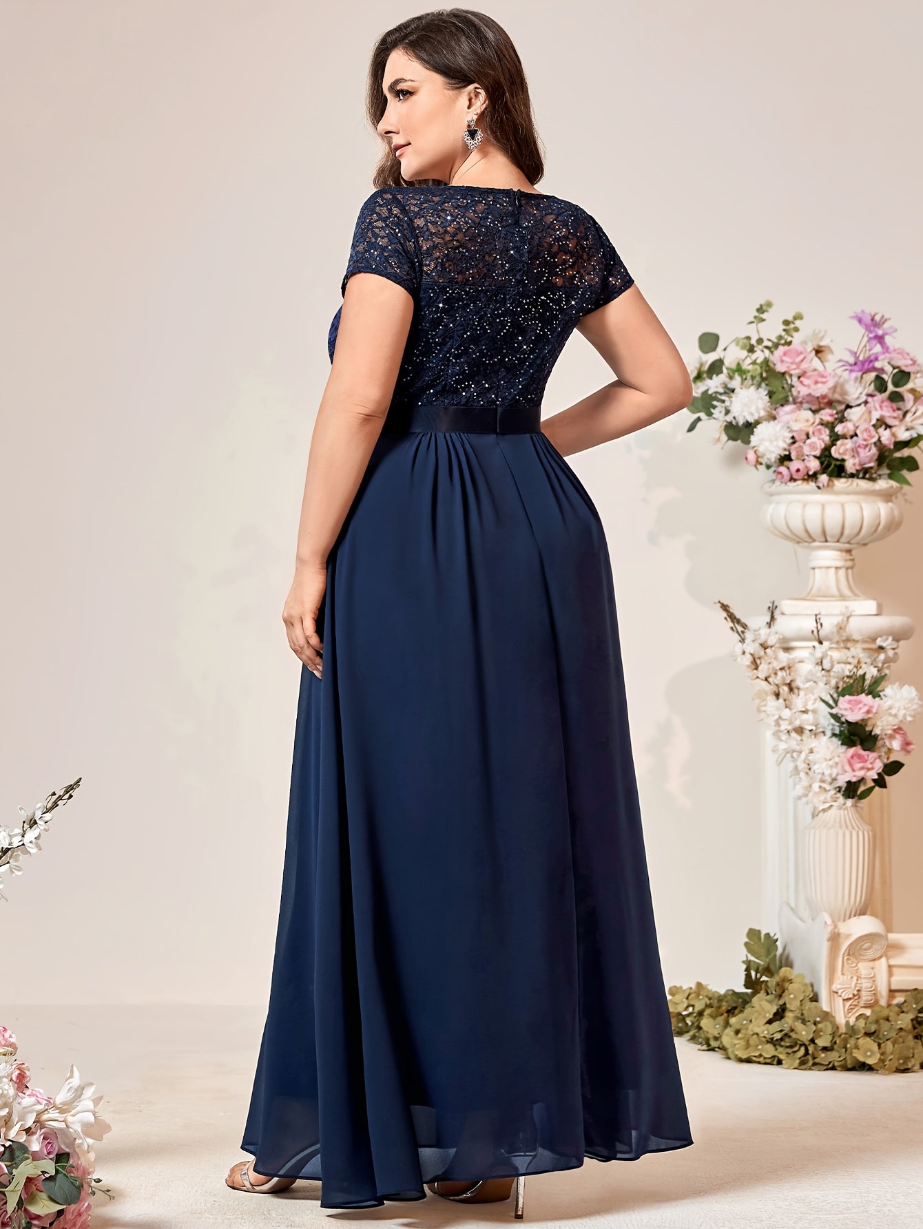 Vestido largo de encaje para mujer talla grande, escote en V, mangas cortas, largo hasta el suelo, primavera y verano