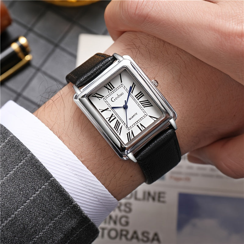 Men's Square Quartz Watch with Roman Numerals and Leather Strap