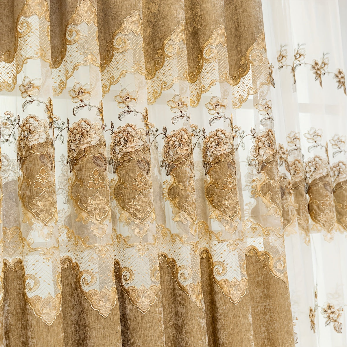 European-Style Thick Embroidered Curtains with Chenille Floral Designs and Translucent Yarn Finish for Living Room and Bedroom