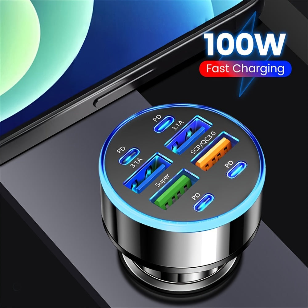 Car USB Charger 100W 8-Port Fast Charging PD with Type C USB-A for Travel
