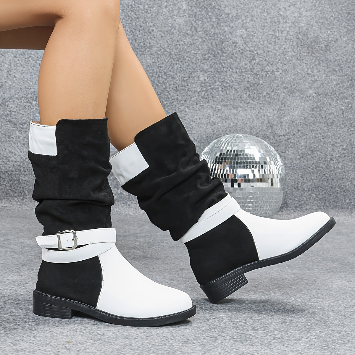Women's Black White Color-Block Mid-Calf Boots with Heel & Buckle