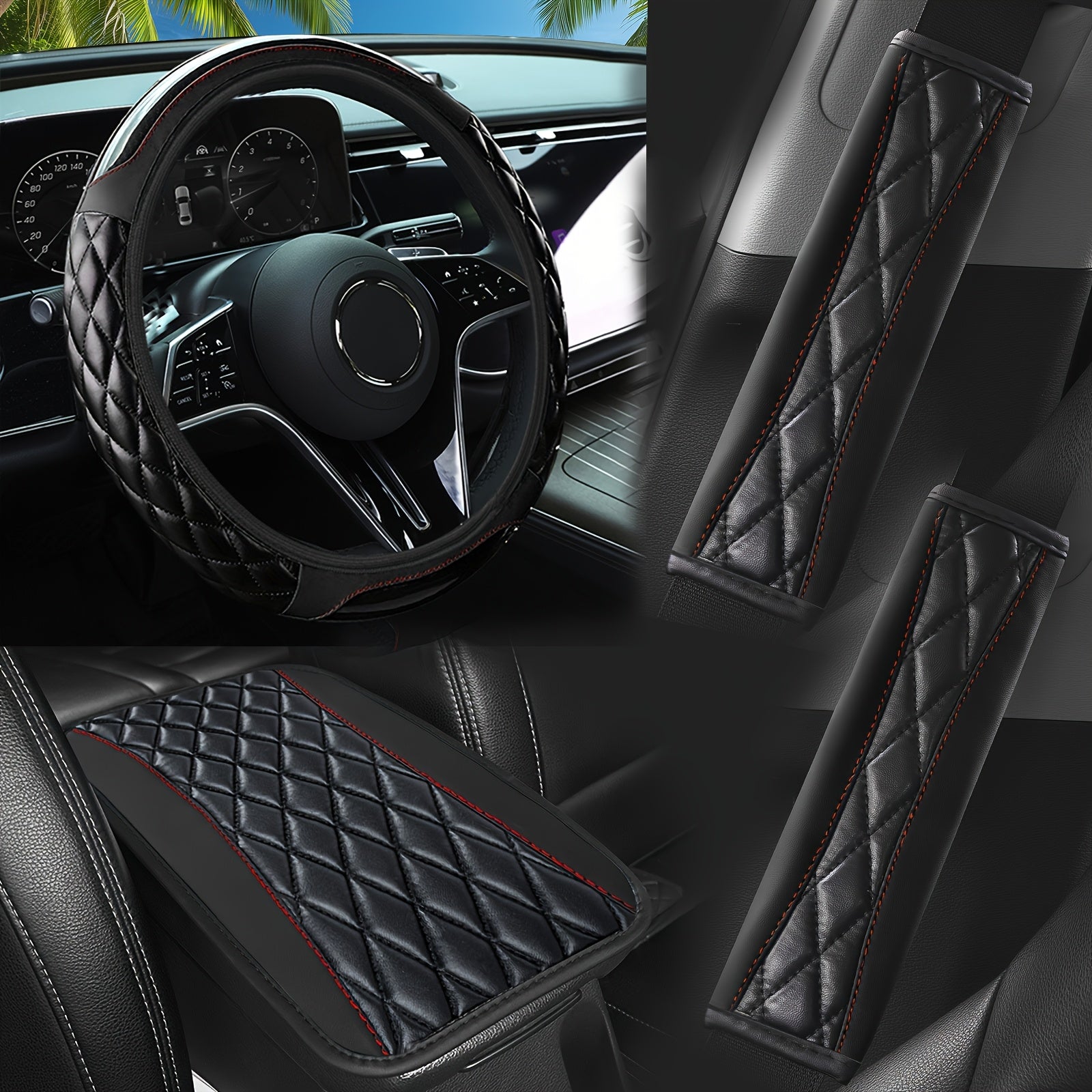 Juego de interior de coche de fibra de carbono para unisex incluye cubierta de volante, cubierta de cinturón de seguridad y almohadilla de reposabrazos