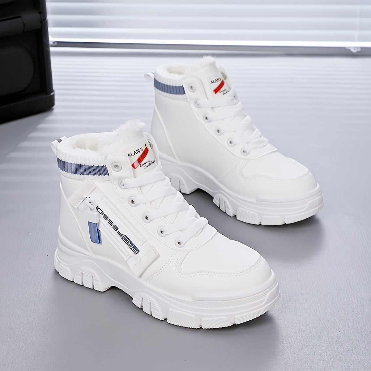 Women's Warm Winter High-Top Sneakers with Fleece Lining and Blue Straps