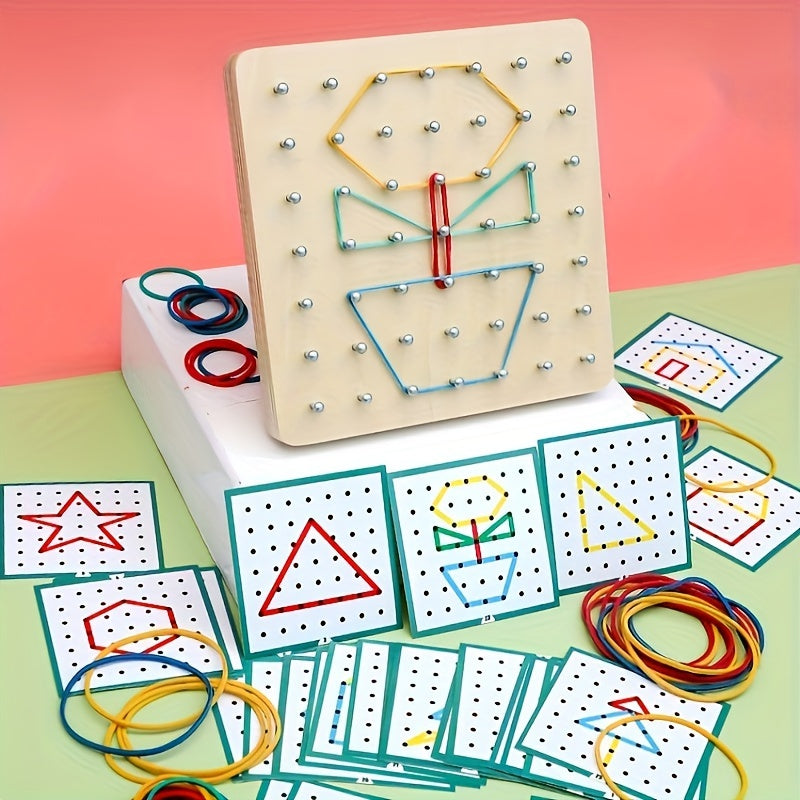 Educational Wooden Geometric Board Set for Kids Ages 3-6 with Pattern Cards and Rubber Bands