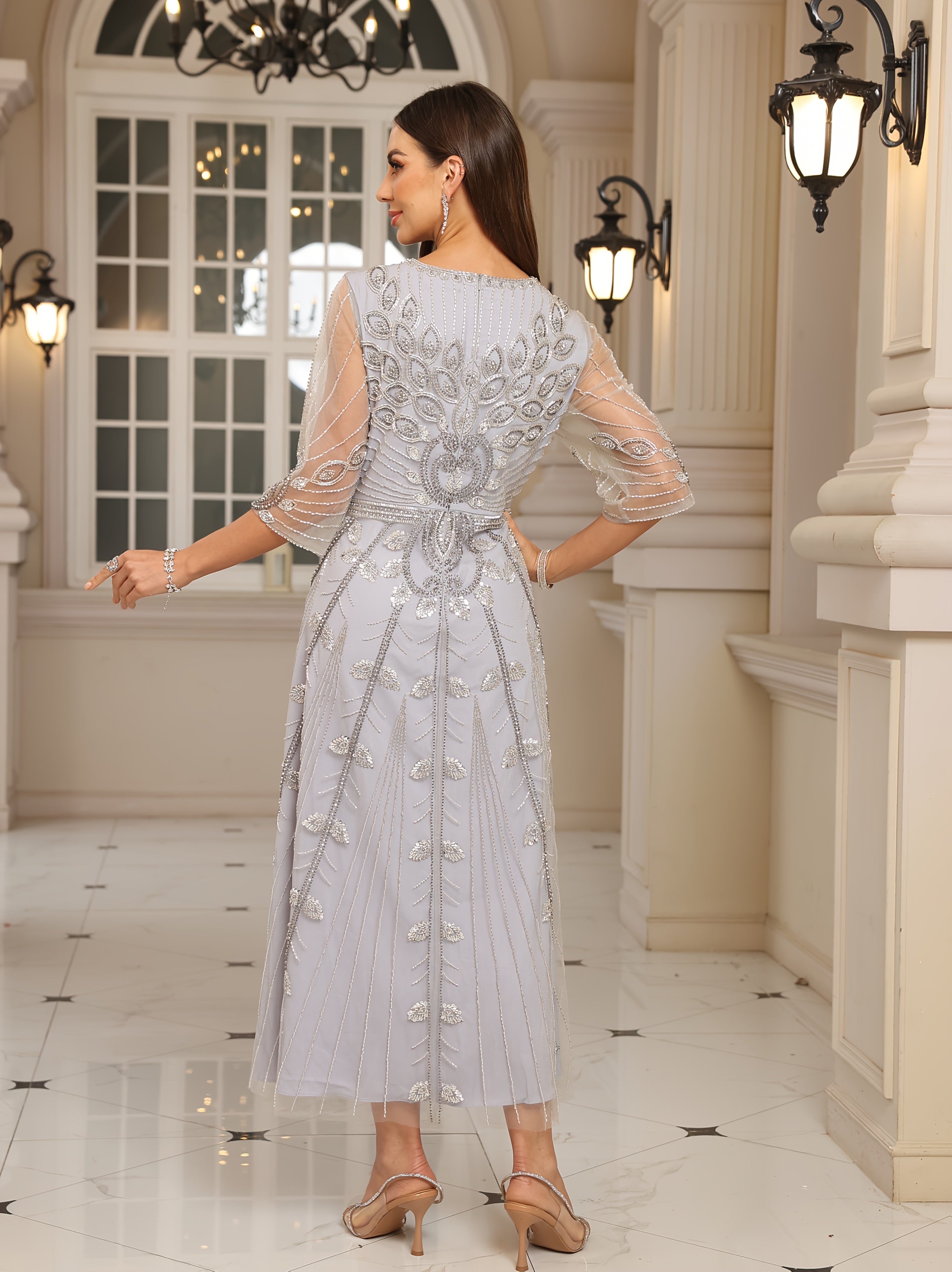 Women Sequin V-Neck Evening Gown Half Sleeve Formal Dress for Spring Summer Fall