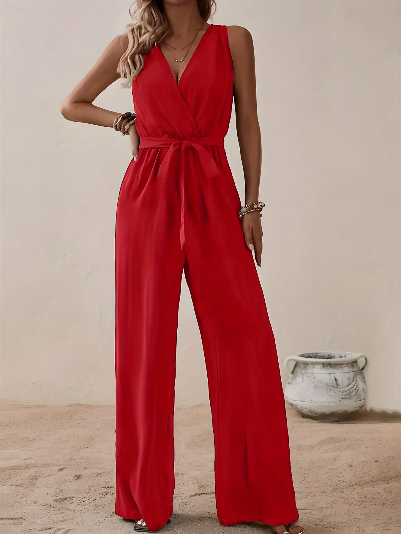 Plus Size Women's V-Neck Sleeveless Jumpsuit with Adjustable Waist Wide-Leg Pants