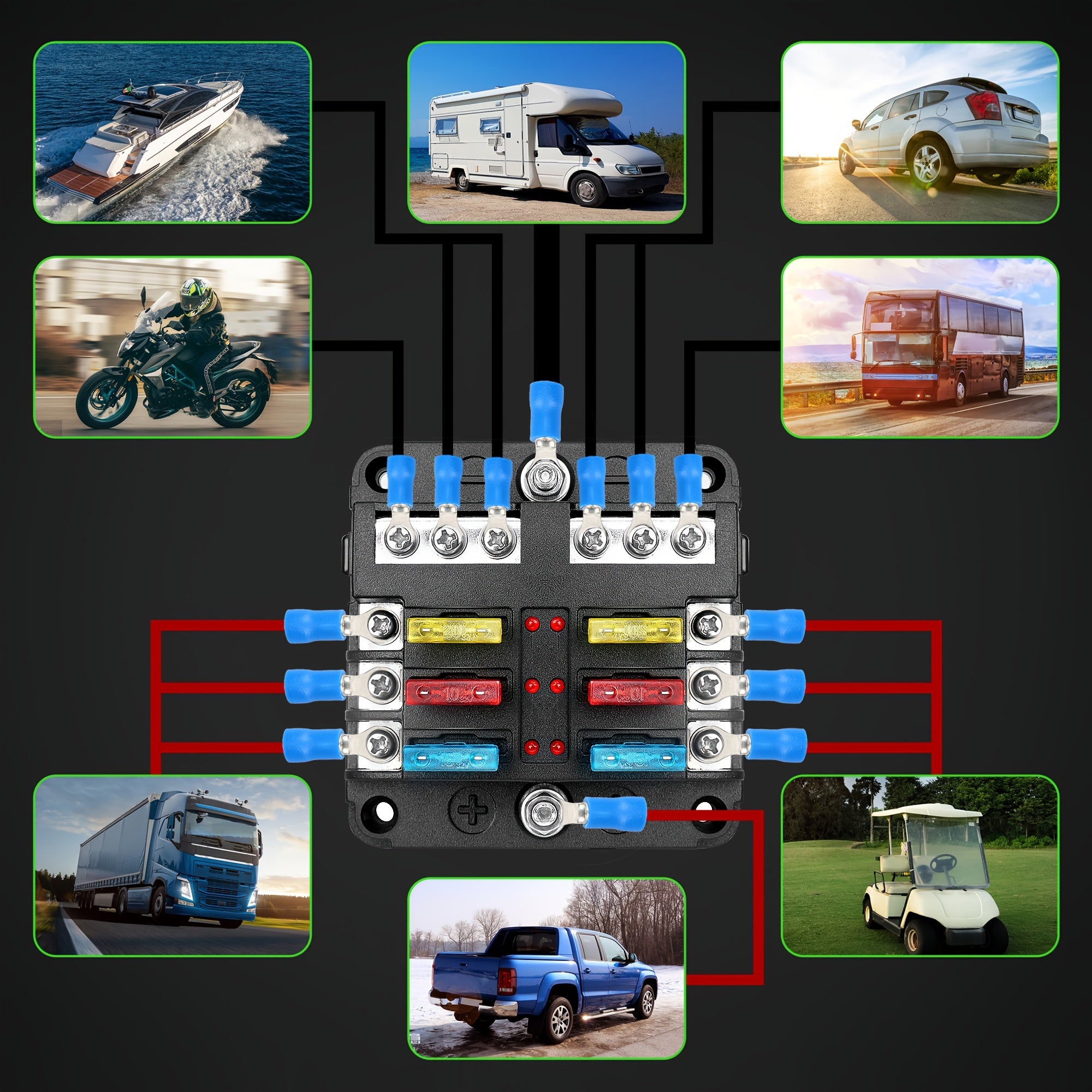 6-Way Fuse Box with LED Indicator Metal Automotive Marine Grade 12V