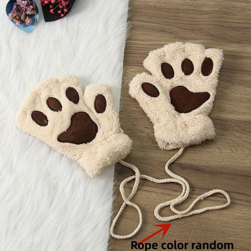 Thickened Half-Finger Winter Gloves with Cartoon Cat Paw Design for Warmth and Touchscreen Use