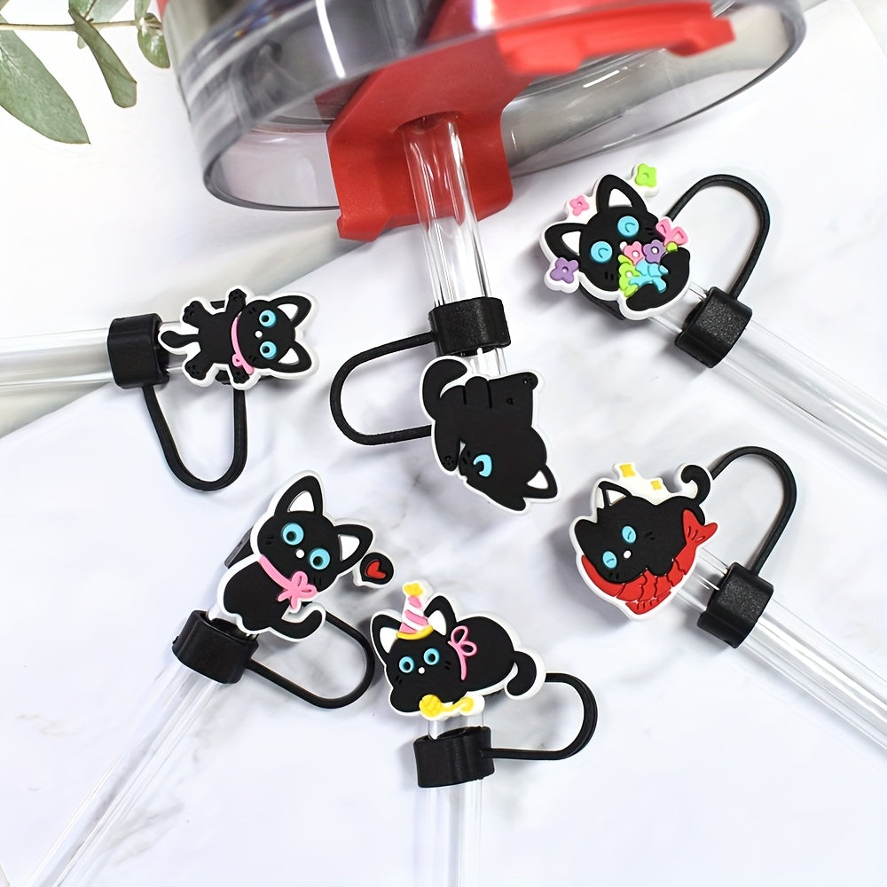 6PCS Black Cat Style Plastic Straw Toppers Reusable Animal Drink Covers
