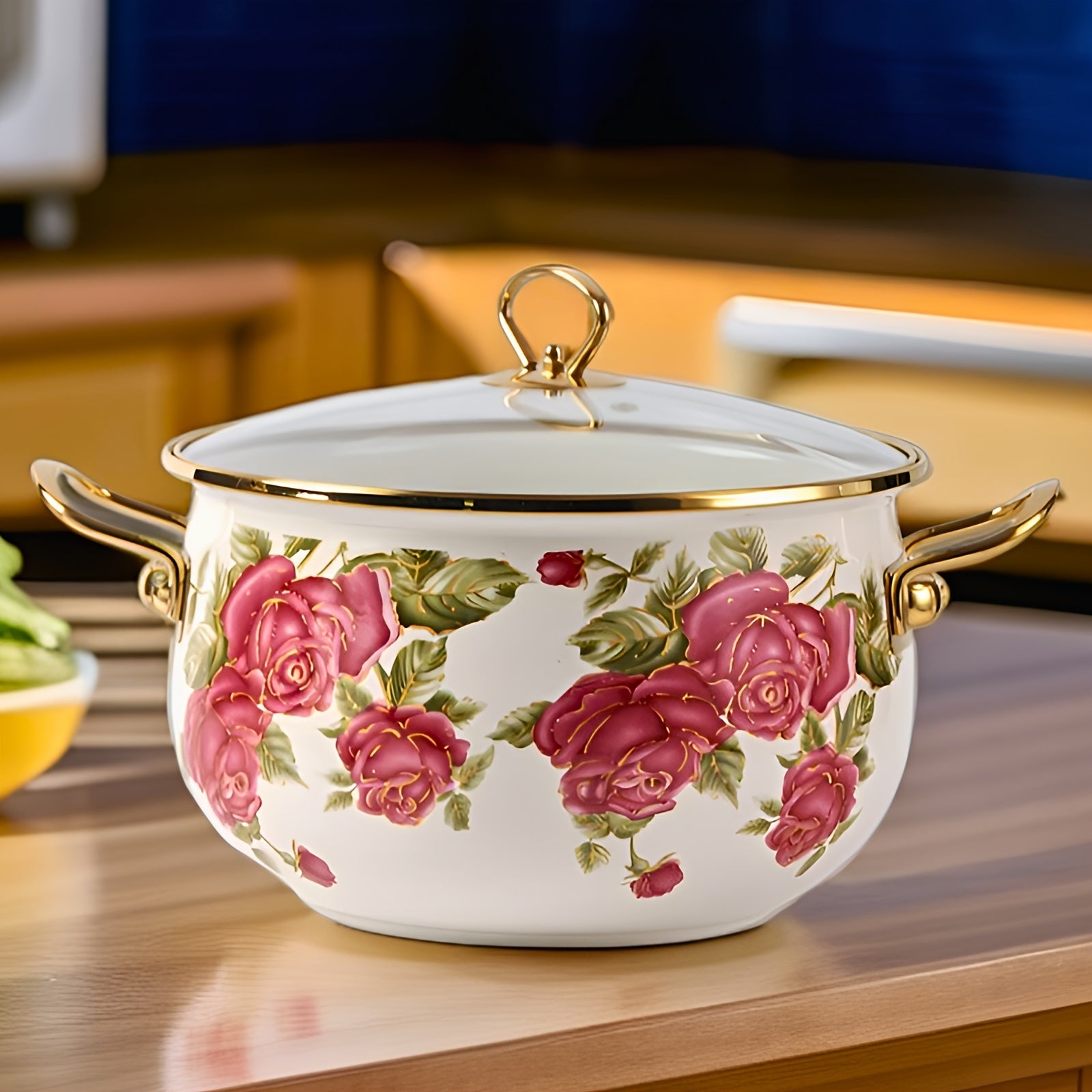 Stockpot with Gold Handle and Rose Flower Enamel Design, Includes Glass Lid, Multiple Sizes