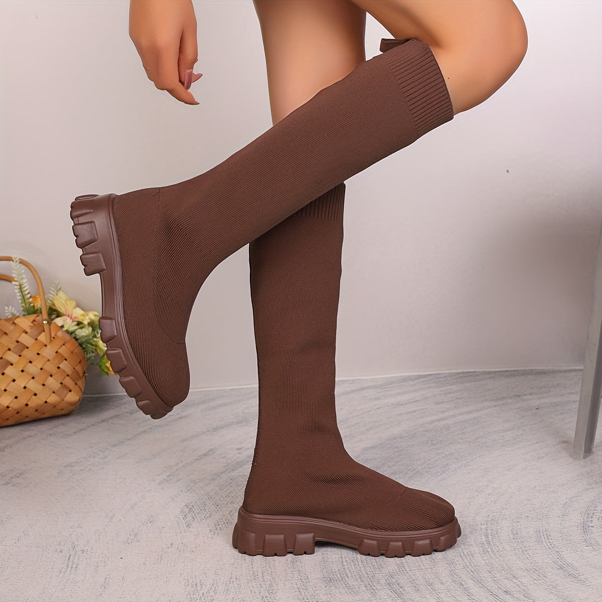 Women's Knee-High Sock Sneakers Black Platform Boots Breathable Fabric