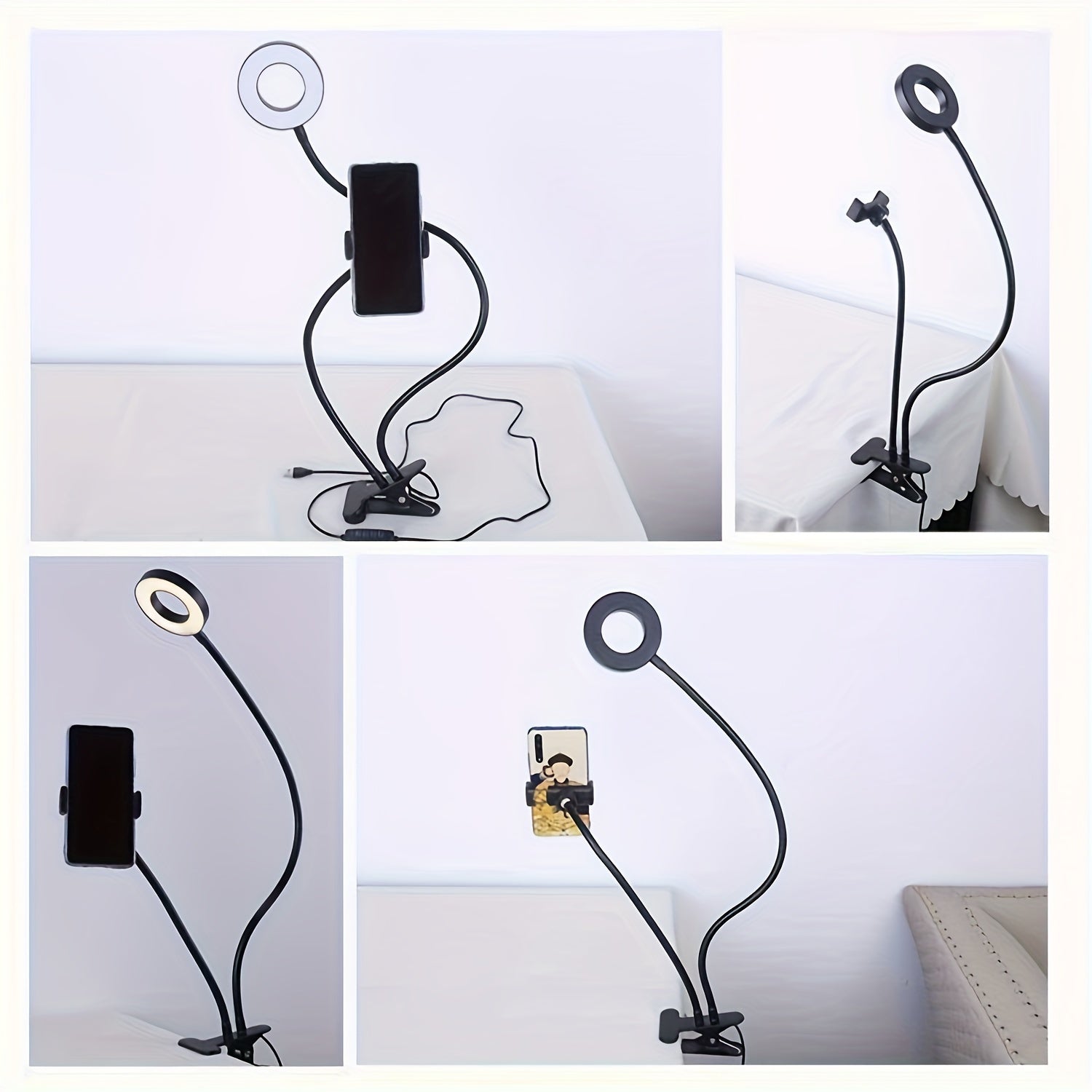 Iron Phone Grip Stand with Ring Light and Clip-On Gooseneck Light for Desk Reading Video Recording