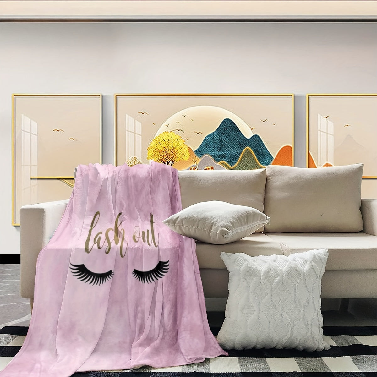 Pink Flannel Throw Blanket with Eyelash Print for Girls Women Moms All-Season Cozy Bed Sofa Chair