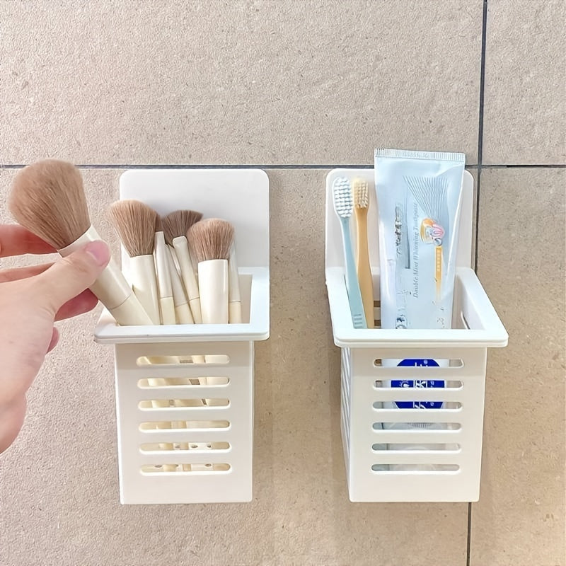 Organizador de almacenamiento para baño de plástico, montado en la pared, sin taladro, para cepillos de dientes y brochas de maquillaje