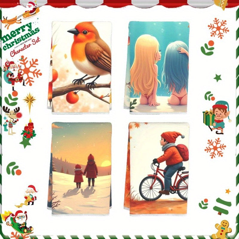 Set of 4 Kitchen Towels 18x66cm Tea Towels Soft Material Winter Kitchen Decor