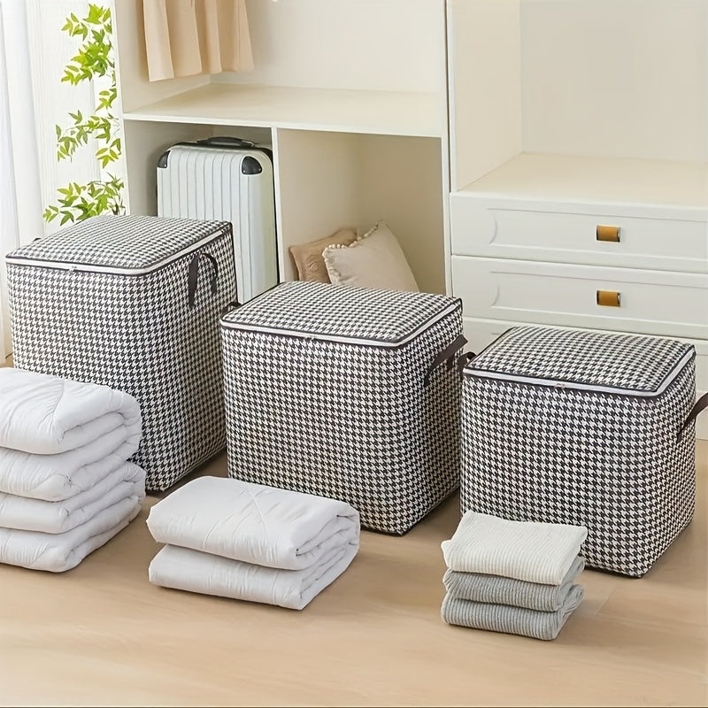 Большая вместительная коробка для хранения с узором «гусиная лапка» и ручками из искусственной кожи для одежды, постельных принадлежностей, игрушек