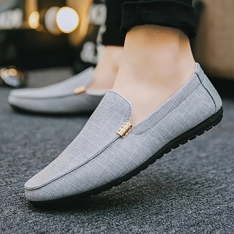 Men's Black Canvas Loafers with Metal Decor Round Toe Casual Outdoor Shoes