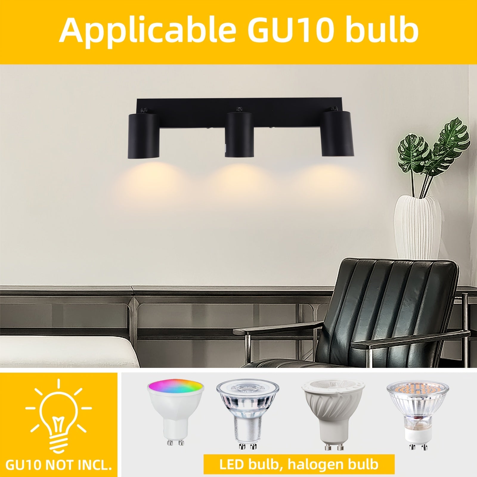 Modern Black LED Ceiling Spotlight with 350° Swivel 3-Bulb GU10 Wall Light