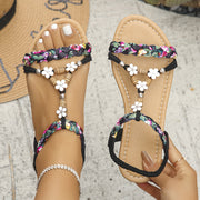 Women's Floral Print Flat Sandals Open Toe T-Strap Summer Casual