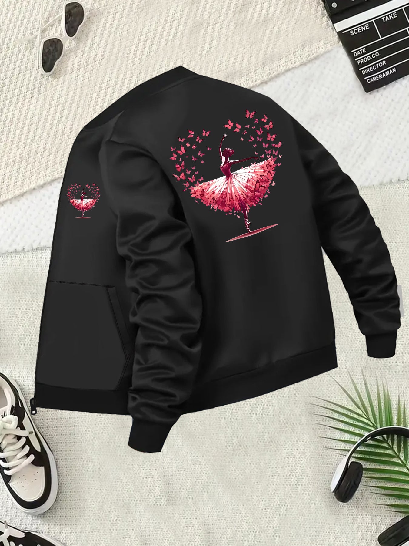 Women's Plus Size Casual Bomber Jacket with Floral and Pink Design Black All-Season